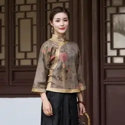 2023 nowy chiński styl strój tang top cheongsam chińskiej mody kołnierz stójka w stylu vintage z długim rękawem kwiatowy nadruk top damski s367