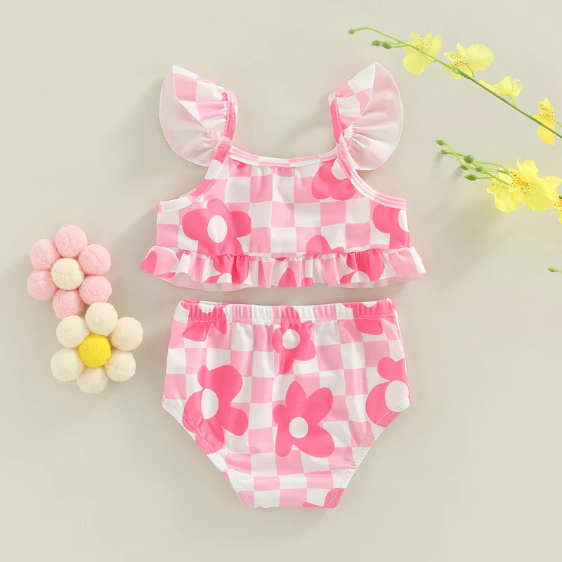 New Arrival 2pcs Baby Girl Bikini Set Pink Plaid Print Fly Sleeve Print Camisole with Briefs Summer Beach Swimwear 6M-3T