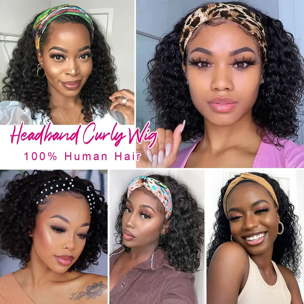 10-14 Inch Deep Wave Headband Wig Human Hair Curly Headband Wigs For Women Short Bob Wig Full Machine Made No Glue Under $40