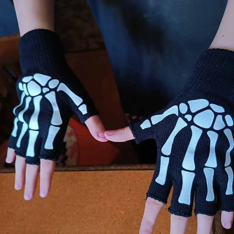 

Punk Gloves Unisex Halloween Skeleton Skull Half Finger Gloves Glow in The Dark Fingerless Stretch Knitted Winter Goth Mittens