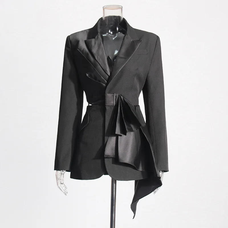 HKSH Spring Summer New Women Ins Trendy Elegant Bowknot Asymmetry Blazer Casual Expose Waist Slimming Versatile Suit Coat HK6243