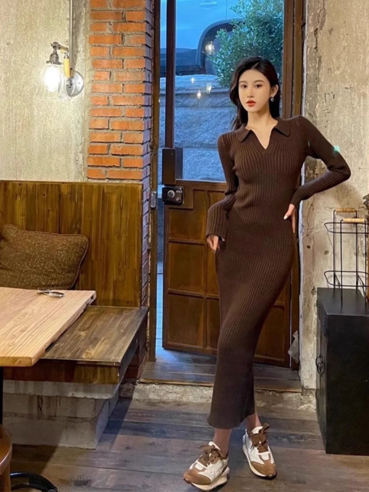 

Unique Pure Desire Style Women's Sweater Dress Base Skirt Inner Wear Autumn Winter Waist Cinched Back Slit Long Sleeve Midi D...