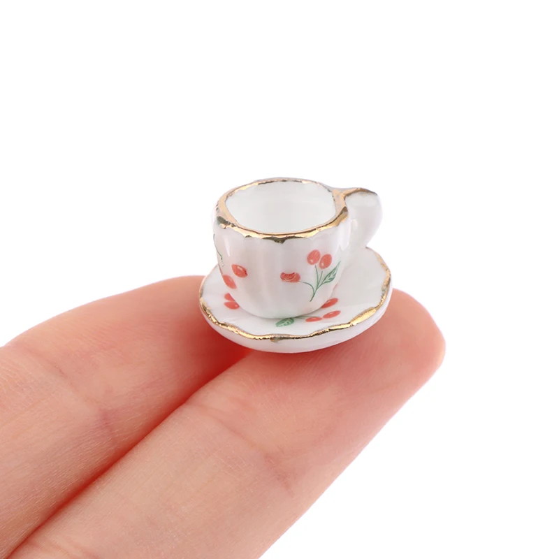 Juego de Taza de cerámica de cereza en miniatura para casa de muñecas, 1 Juego, 1:12, modelo de platillo, vajilla de cocina para decoración de casa de muñecas, juguetes de juego de simulación para niños