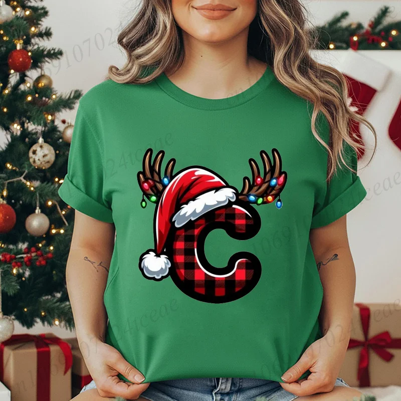 Vrouw Kerst Alfabet Grafische Print T-shirt Casual O-hals Mode Casual Zachte Kerstmuts met korte mouwen, Rendier Creatieve Tops