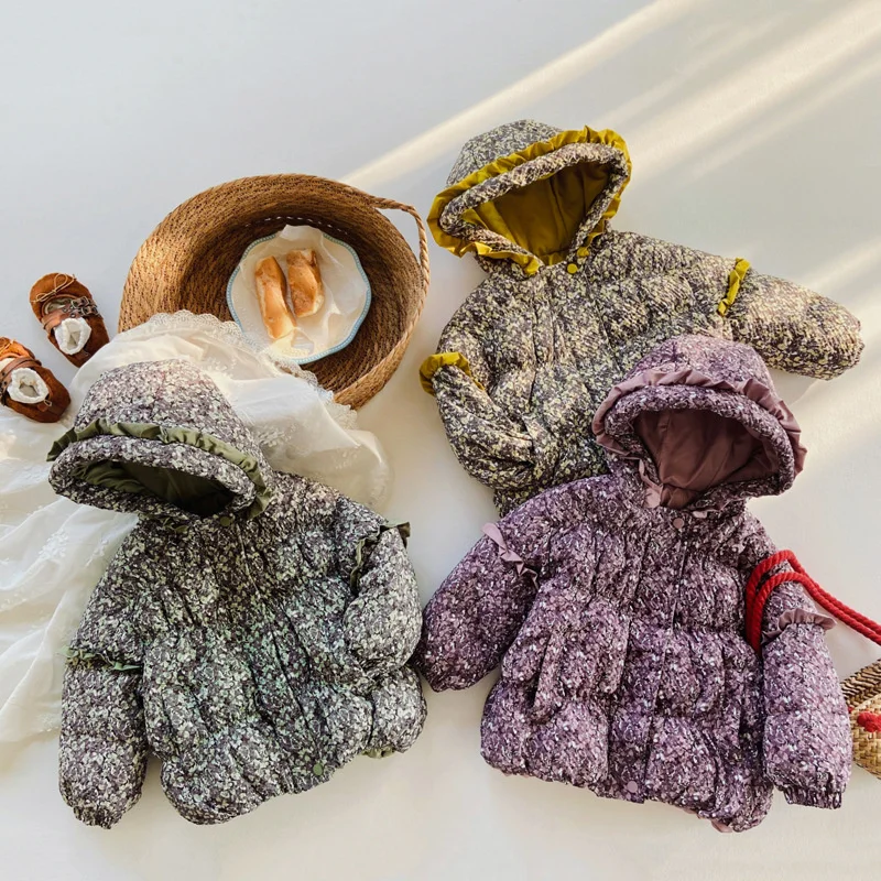 

Girls Floral Down Coats New Winter Children Printed Hooded Jackets Kids Thicken Warm Clothing Princess Fashion Padded Outerwear