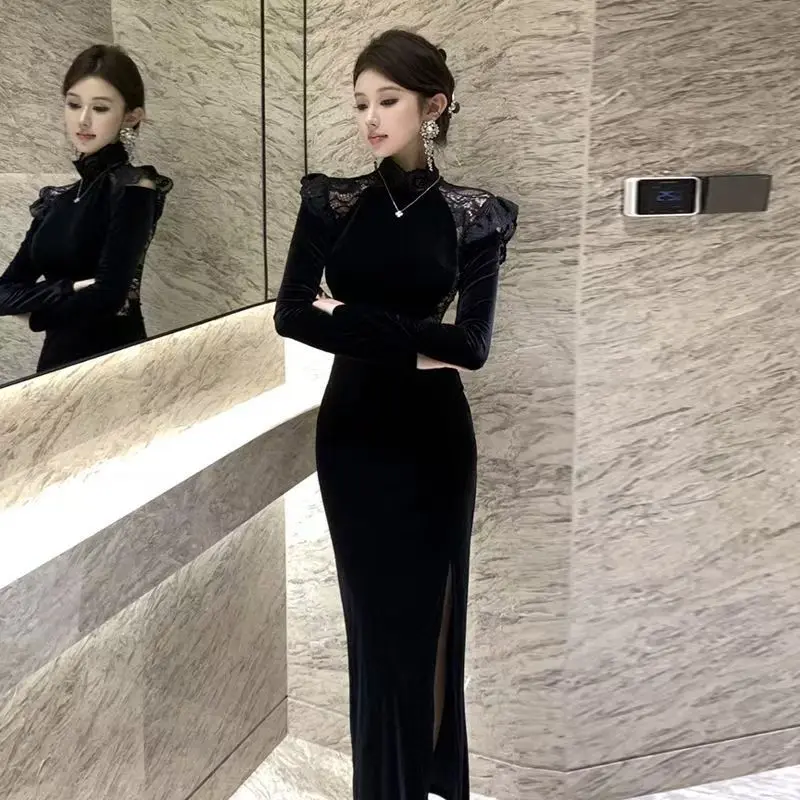 Fashionable lace-spliced Split hip-hugging Dress For Women Traditional Dress Improved Qipao Chinese Vintage Qipao Dress