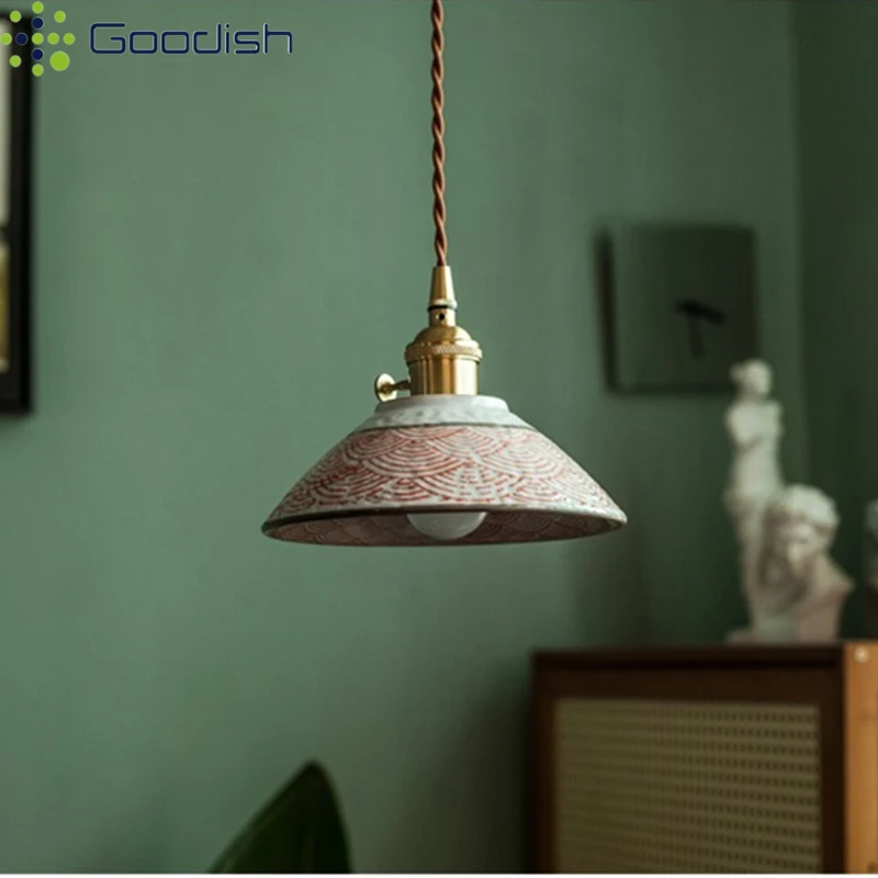 Modern Minimalist Polished Copper Drawing Ceramic LED Pendant Light Art Handmade Lamps for Restaurant Home Decoration Chandelier