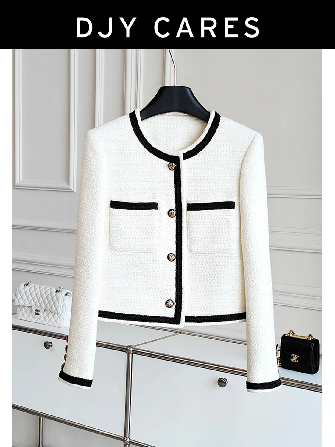 

New Bold woolen classic patchwork simple white jacket fashionable top big size