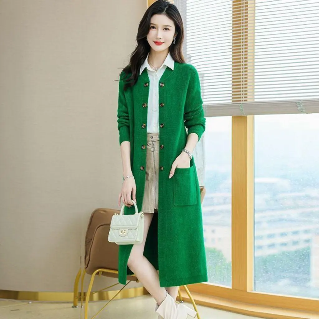 

Women's Long Outer Cardigan Sweater Coat Shawl Knitted Shirt Western Style Autumn New with Pockets