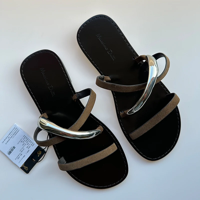 Summer 2024 Woman Flat Slippers Woman Black Metal Buckle Flat Sandals Women Sexy Sandals Round Toe Slingback Woman Sandals