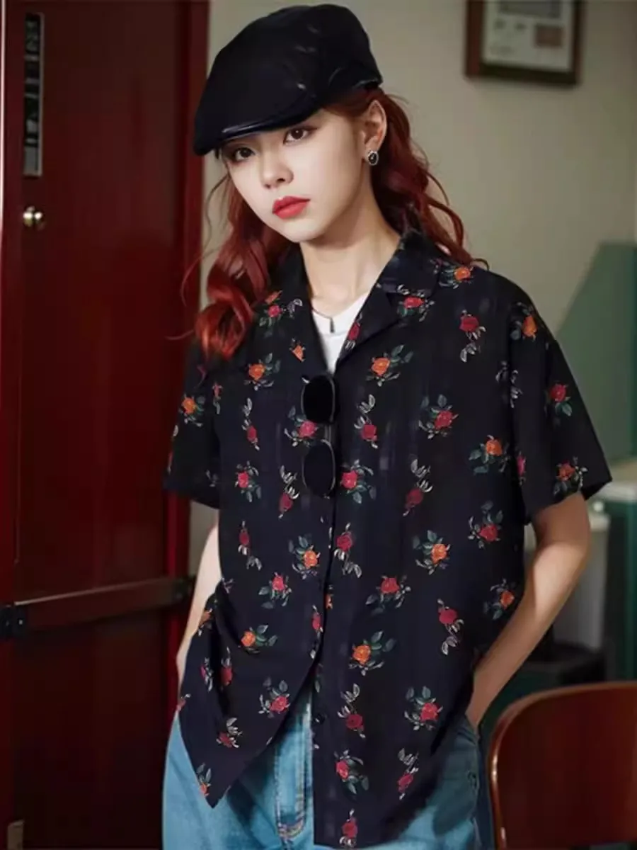 Summer French retro rose flower print short sleeved loose shirt for women