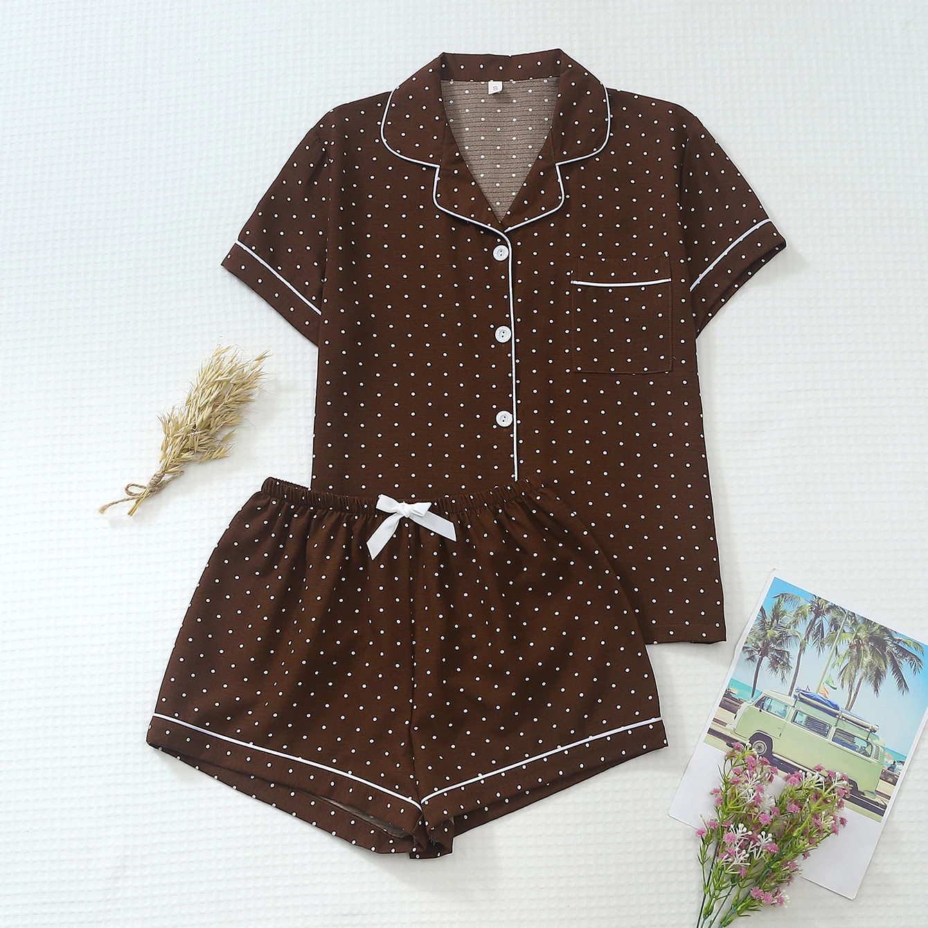 Two-Piece Set: Comfortable Brown Base Mini White Dot Print Lapel Button Short-Sleeve Top with Pockets and Bow Shorts, Spring/Summer Women's Pajama Loungewear Set Suitable for Home Use