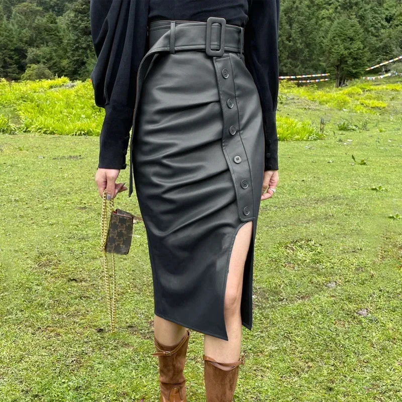 Leather skirt women 2024 spring new  slit high waist slimming bag hip  mid long super hot skirt half  black skirt