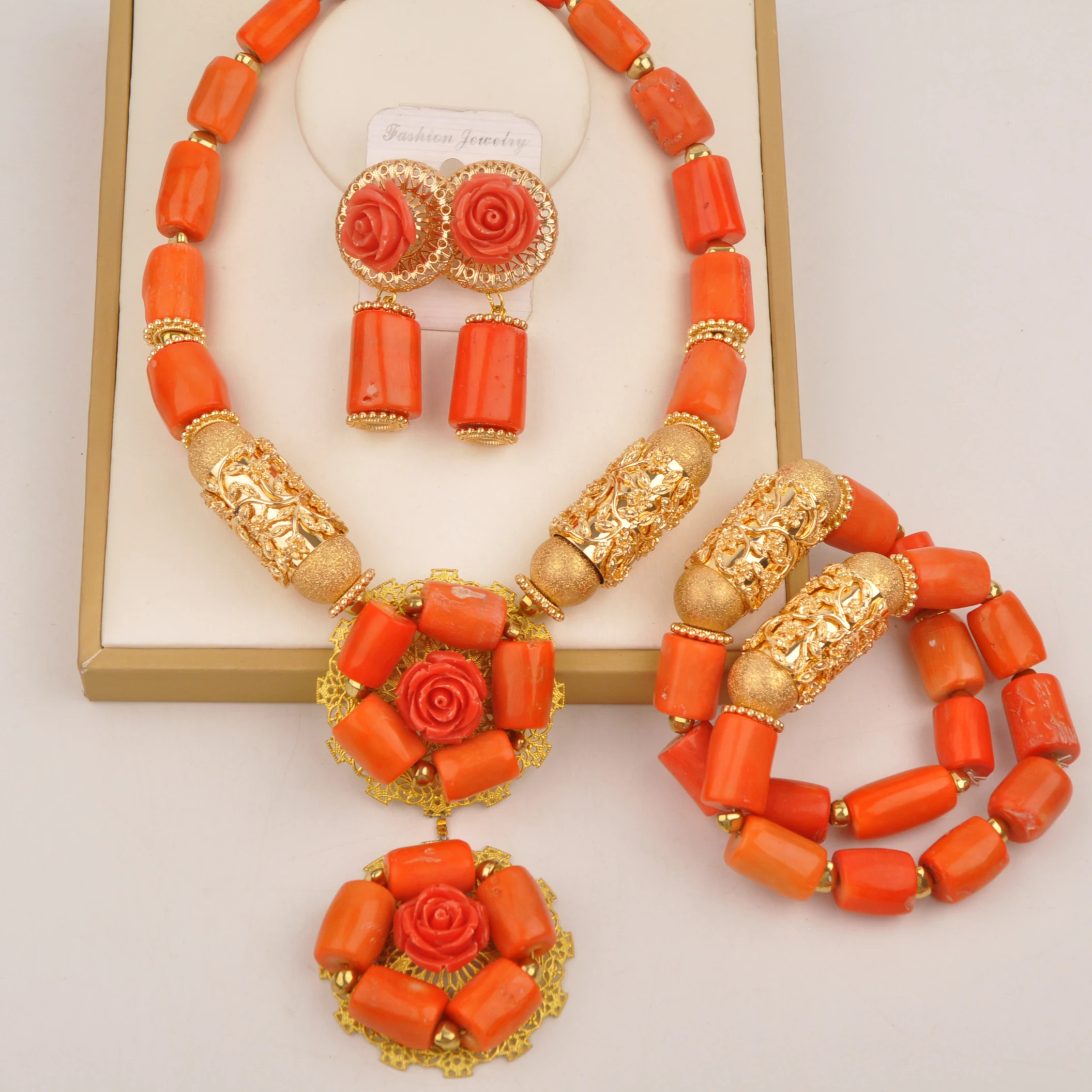 

Nigerian Bride Wedding Jewelry Set Natural Orange Coral Bead African Necklace for Women