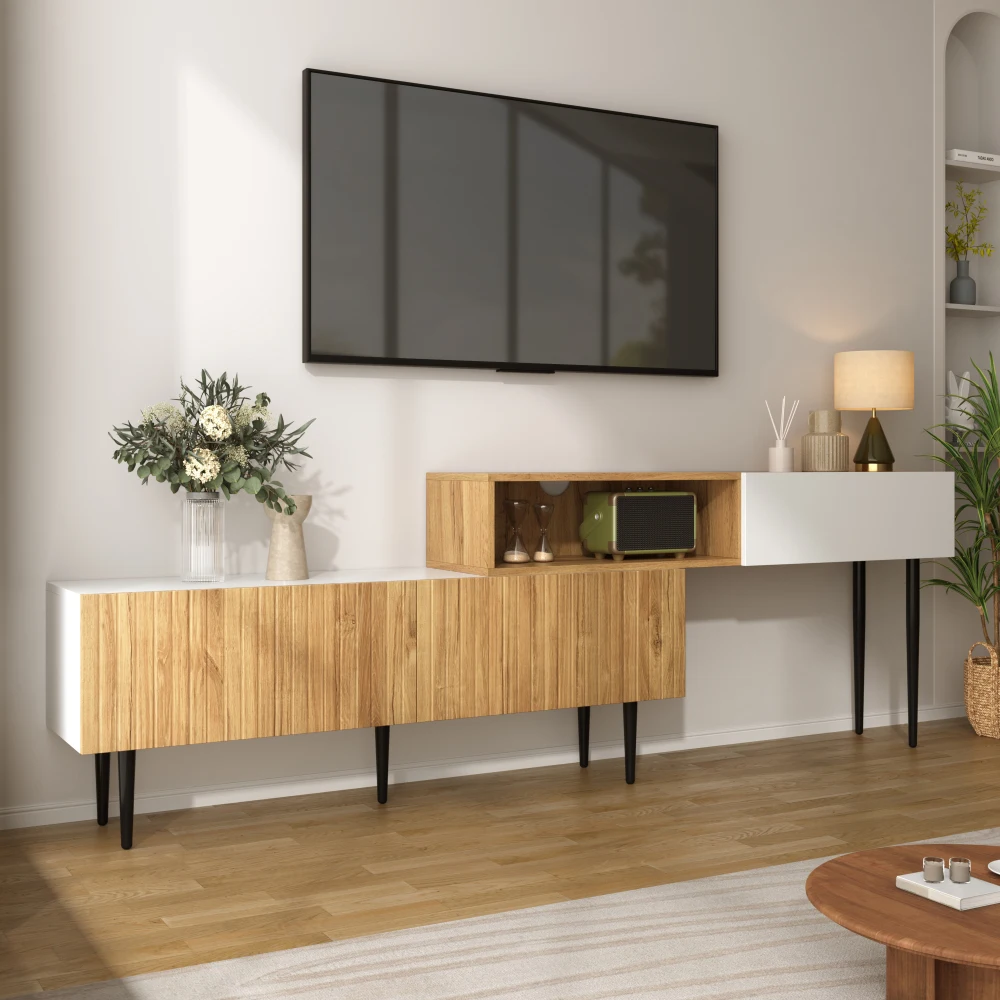 Moderner TV-Schrank mit verstellbarer Länge, Holzoptik + weiß matt, schwarze Metallbeine, multifunktionale Wohnzimmermöbel – Detail 1
