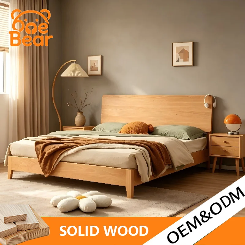 Beech Solid Wood Bed, Japanese Low Log Bed Frame, Single Double Queen King Platform Bed for Small Apartment Bedroom Furniture