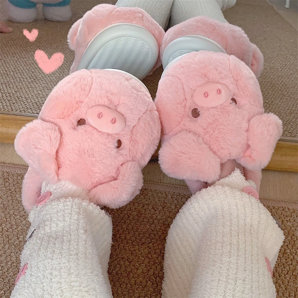 

Pink Pig Cotton Slippers Women's Winter Warm Anti-Slip Cute Cartoon Soft Plush Indoor Fluffy Slipper for Girls Home Floor Shoes
