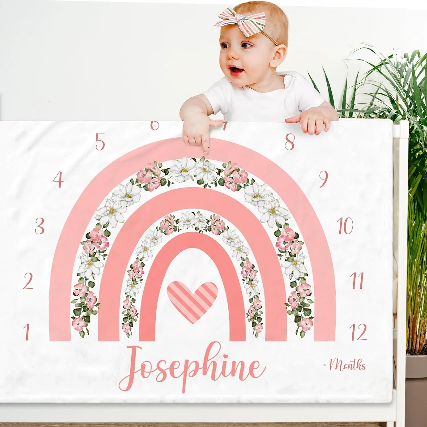 

VIKAMA Baby 100-Day Milestone Photo Prop Blanket, Pink Floral Rainbow Print, Newborn Growth Calendar, Monthly Milestone Blanket