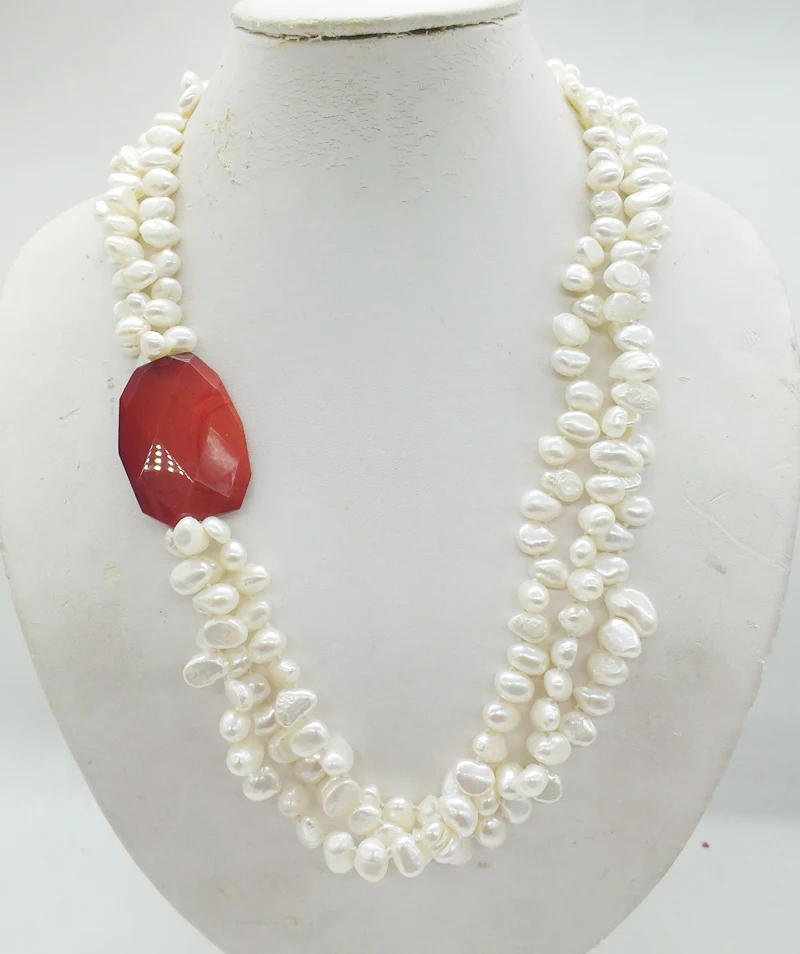 The most classic ladies necklace, 3 strands 8MM natural white Baroque pearl and crystal necklace 22