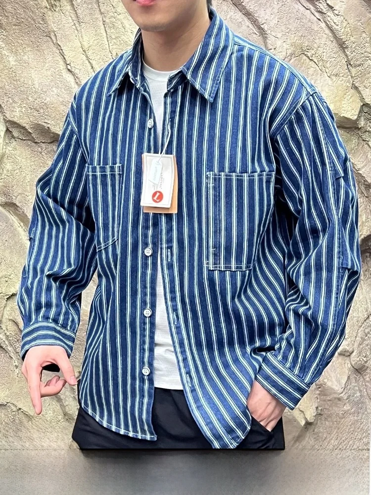 

Retro Stripes Loose Men's Denim irt Jaet Autumn High Street Sle Breathable Cotton Polyester Blend Long Sve Casual Wear