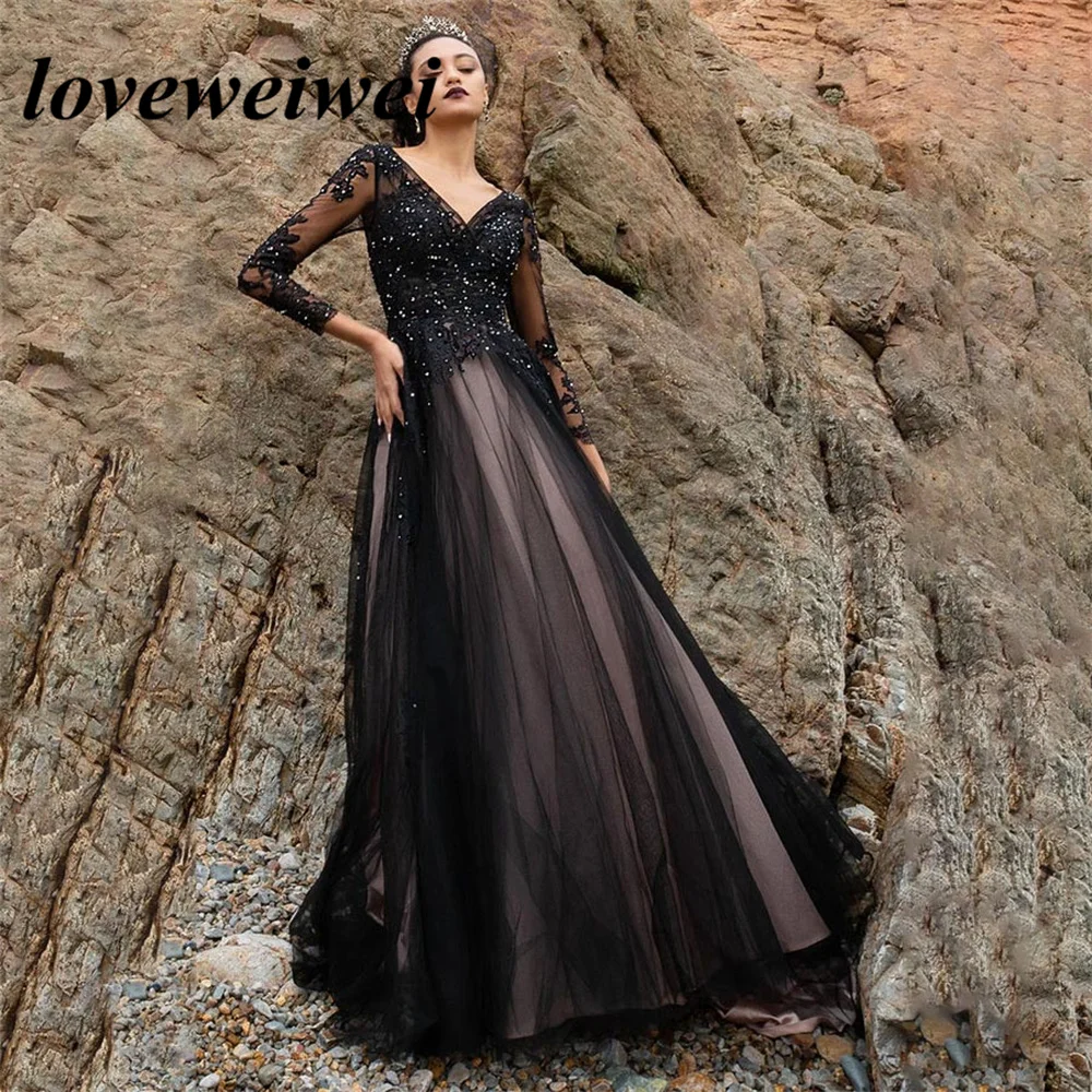 Gothic Black Prom Dresses Sexy Backless A-line Evening Dress Lace V Neck Formal Party Gowns Long Sleeves Tulle Robe De Soirée