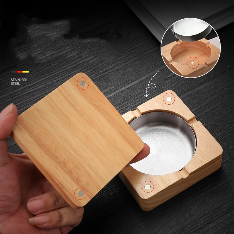 New Creative Ashtrays With Lid Walnut Wood Desktop Ashtray Stainless Steel Windproof Ash Tray for Smoking Office Home Decoration