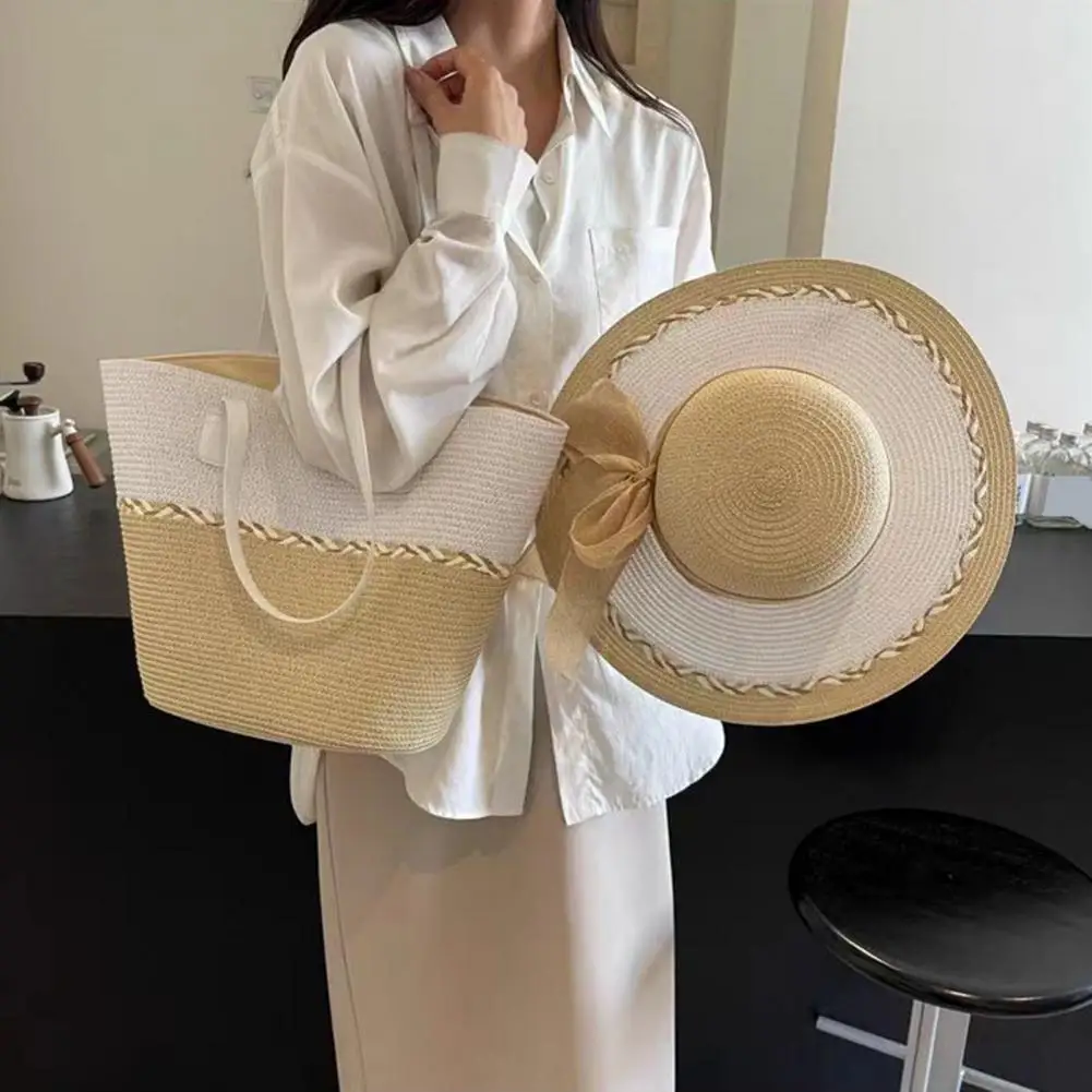 

Straw Woven Shoulder Bag Handmade Girls Straw Sun Hat Shoulder Bag Set with Bow Summer Beach Vacation Tote Bag for Travel