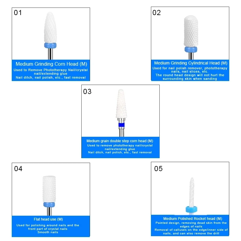 5 PCS/Set Ceramic Nail Drill Bits Electric Drill Machine Nail Cutter Bits Nails Accessories Tools For Manicure Pedicure Tools