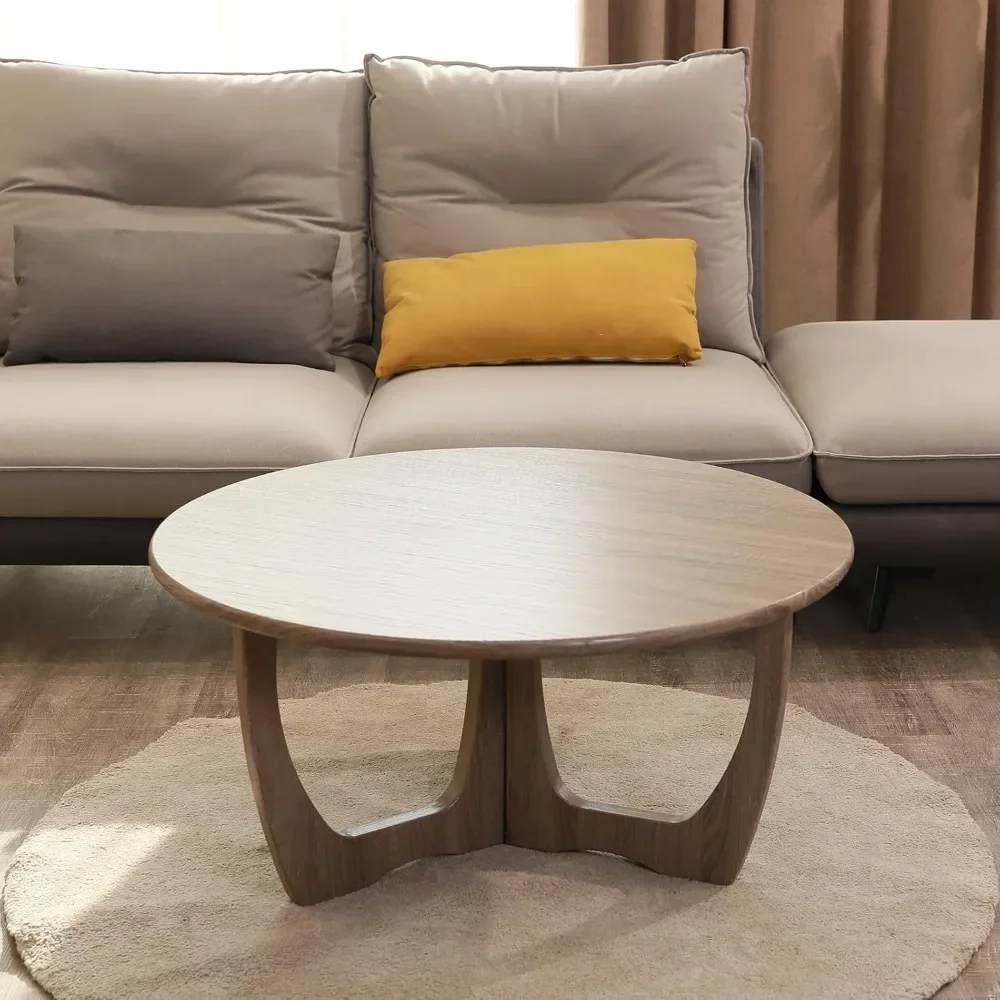 Mesa de café redonda de madeira com perna curva, sofá sotaque, mesas de sala, decoração de casa, mesa lateral natural, 36x18 in