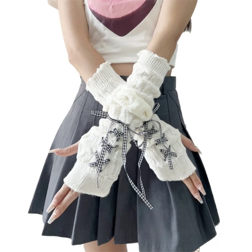Neue lange Armwärmer-Handschuhe, gestrickt, kältebeständig, warme Armmanschette mit Band, fingerlose Handschuhe für Herbst und Winter
