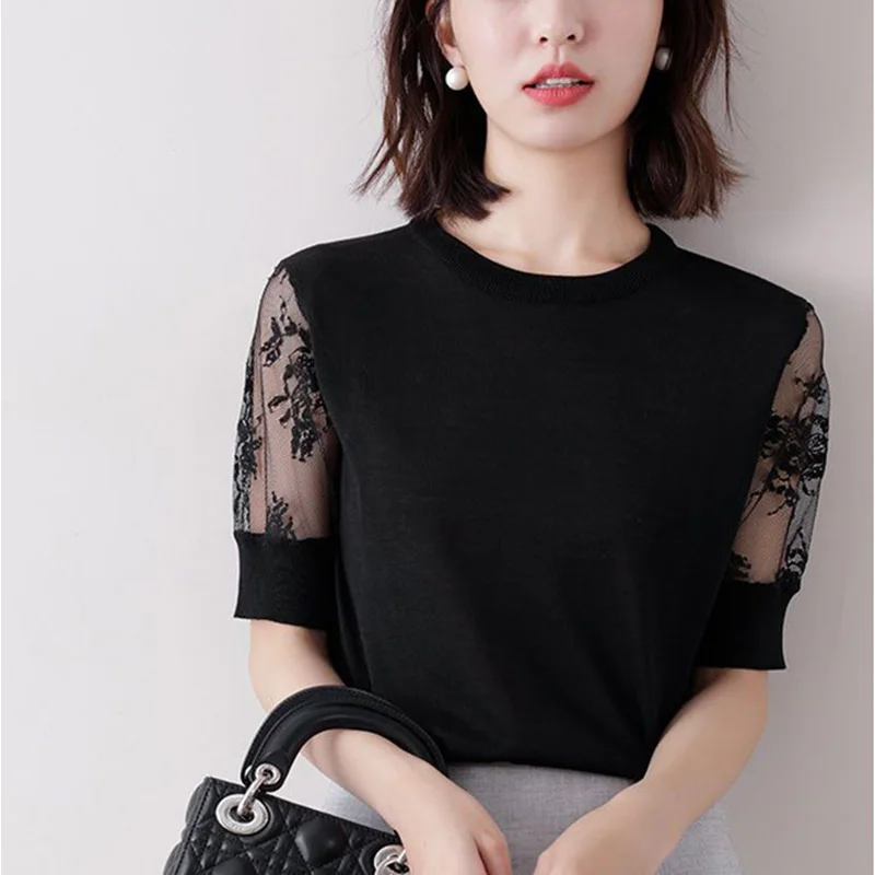 Fashion O-Neck Spliced Loose Mesh Lace Blouse Women\'s Clothing 2023 Summer New Casual Pullovers Tops All-match Office Lady Shirt