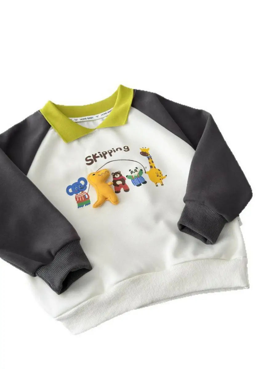 子供用カジュアルアニマル漫画プリントパーカー、襟付きパッチワークトップ、男の子と女の子向け、2025年秋新作