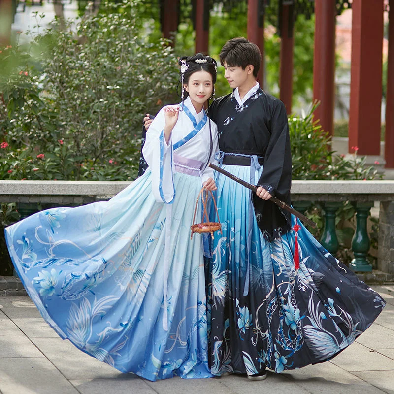 

Hanfu Weijin Dynasty Modern Style Big Sleeve Kimono Cape Skirt Fairy Couple Matching Ancient Costume Flower Embroidery Print