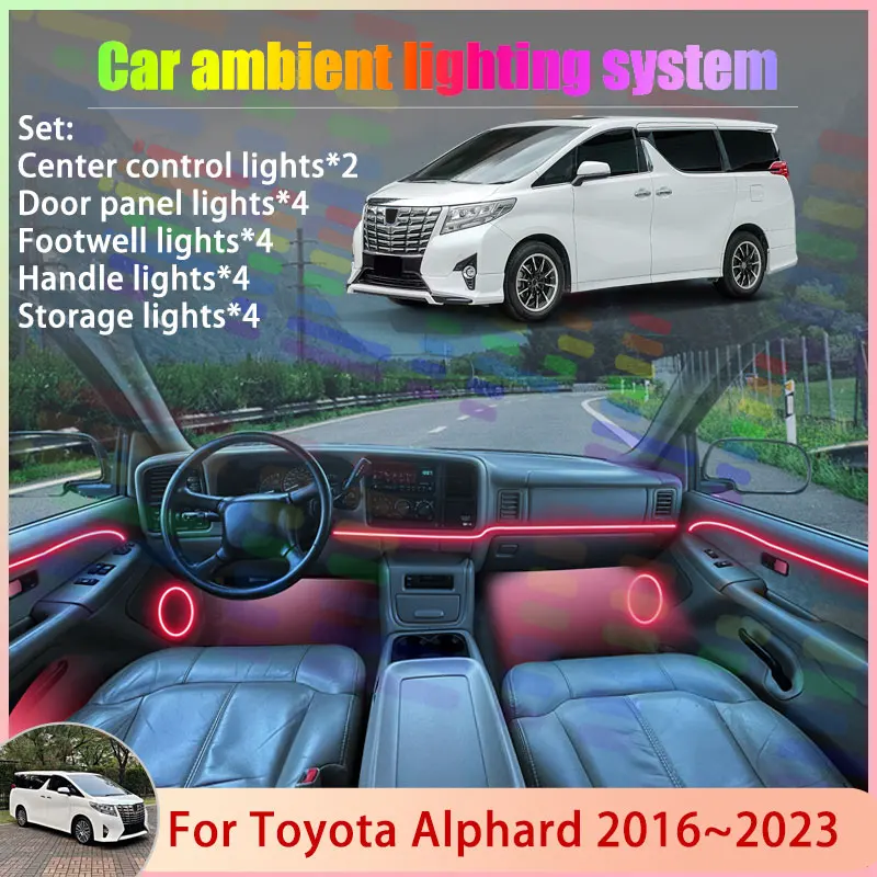 

Для Toyota Alphard AH30 MK3 2016 ~ 2023 Vellfire 2/18 в 1, автомобильная атмосферная лампа, RGB абажур, ансамбль, стример, атмосферный набор