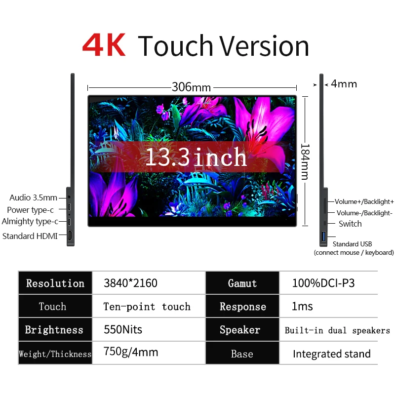 VCHANCE 13.3 Inch 4K OLED Portable Monitor AMOLED 100% DCI-P3 USB