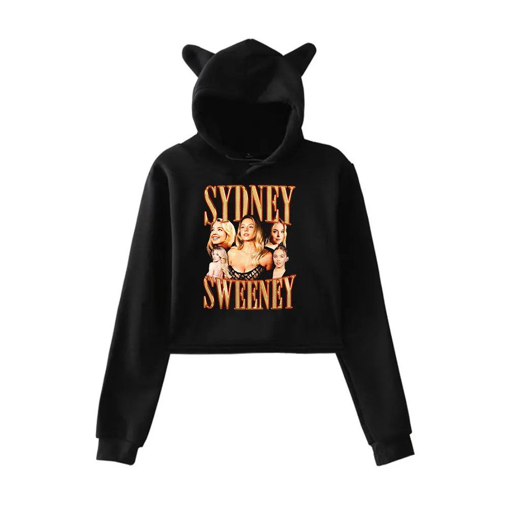 Sydney Sweeney Hoodie Vintage 90s Streetwear Merch Hoodies Moletons Esportivos para Meninas Gato Orelha Crop Moda Pulôver