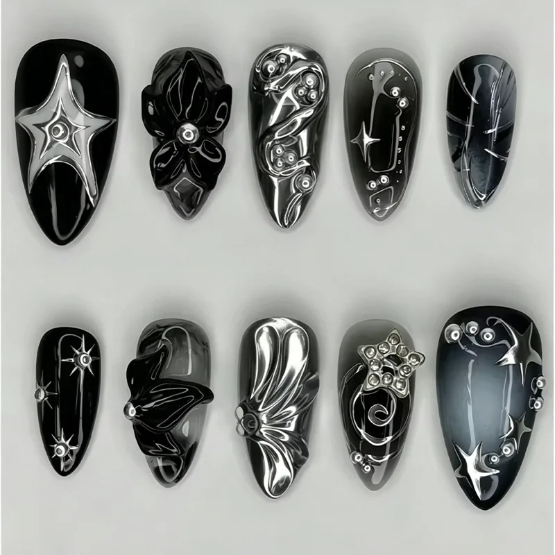 24 Stück Gothic-Comic-Stil Mandel-Kunstnägel mit Kleber, Dunkelrote Blumen, Französische Press-On-Nägel, Vollständige Abdeckung, Trendige Tragbare Nagelkunst