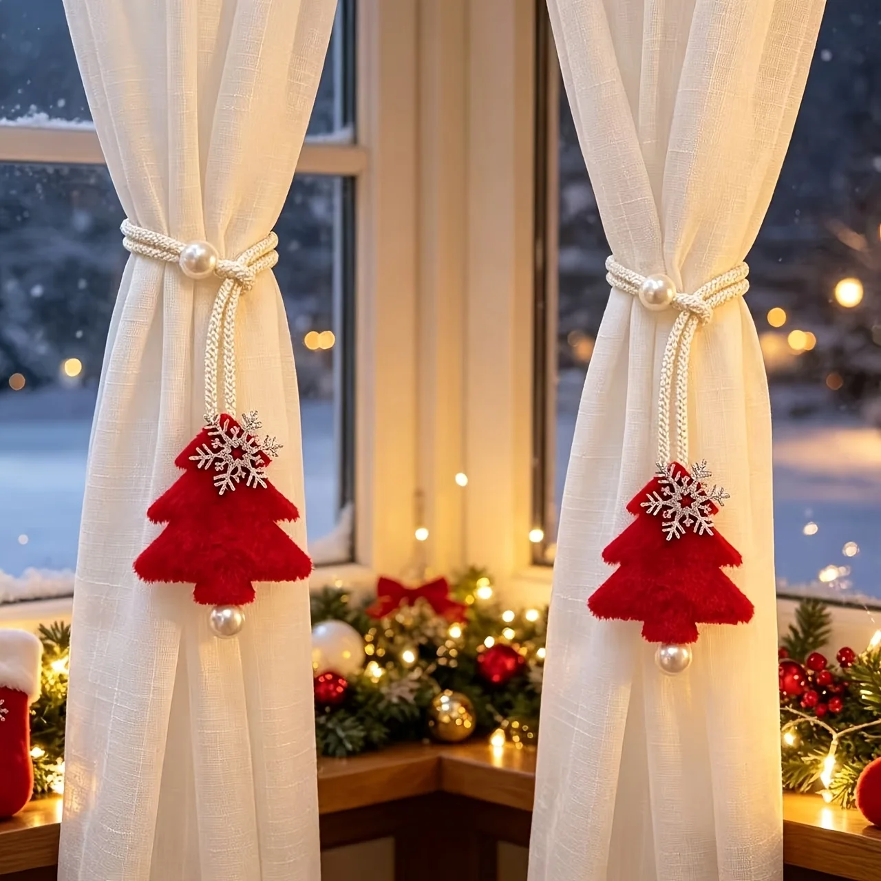 2Pcs Christmas Tree Snowflake Curtain Tie‑Backs, Easy‑Storage Curtain Holders for Sheer Drapes, Festive Home Decoration Gift