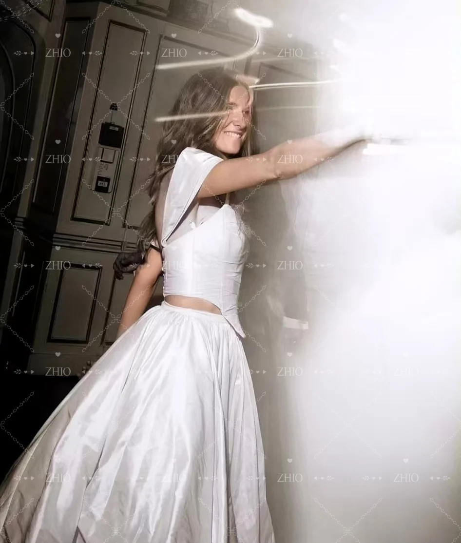 ZHIO Винтажное свадебное платье из 2 предметов с открытыми плечами и драпировкой, длинным шлейфом цвета слоновой кости, шелковое свадебное платье из тафты, индивидуальное платье Robe de mariée