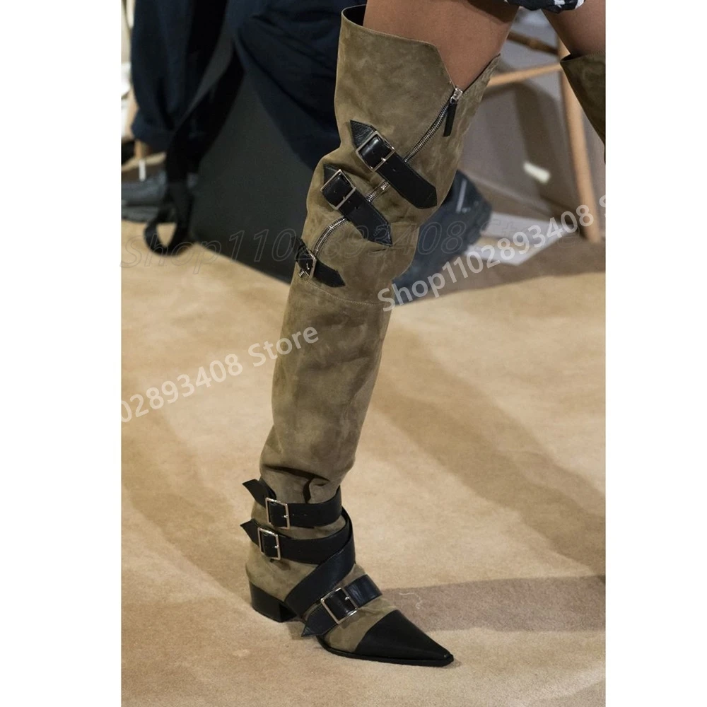 

Buckle Strap Runway Style Over the Knee Boots Suede Pointy Toe Chunky High Heel Fashion Sexy Women Shoes 2025 Hot Para Mujere