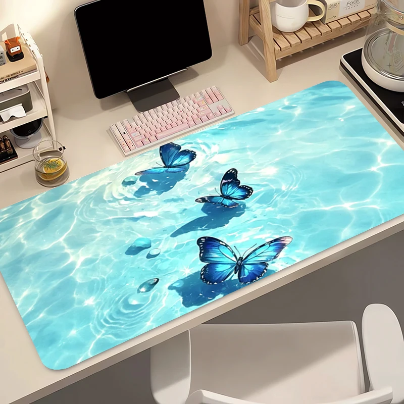 Notbook Mouse Pad Cute Butterfly Gaming Accessories Rubber Keyboard Pad Blue Seawater Computer Desk Mat Large Gamer MousePads