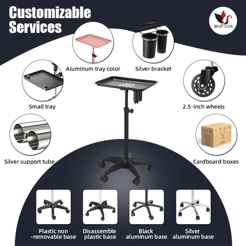 Tattoo Tray with Wheels, Aluminum Instrument Salon Tray Dental Tray with Adjustable Height,Easy Assembled Salon Rolling Cart