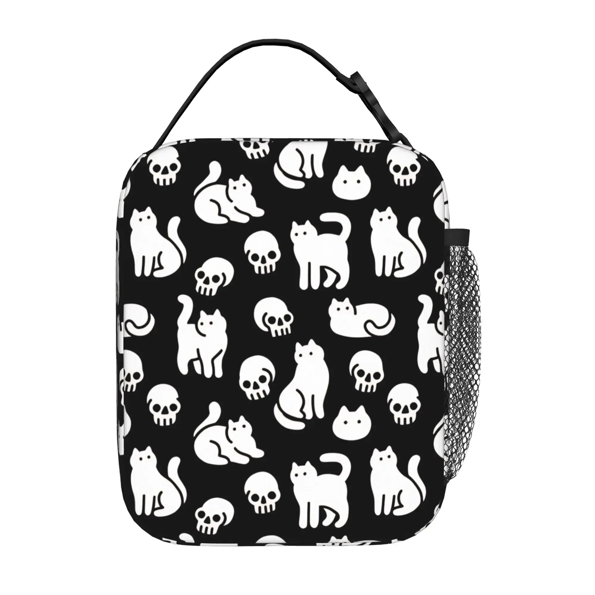 1 Piece Portable Lunch Container Cats and Skulls Pattern  Zipper Closure Durable Pocket Skull  For Lunch Lunch Box Bag