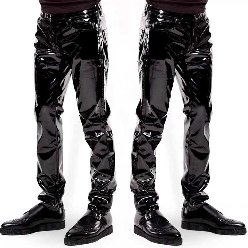 REDDACHIC Punk Pleated Men Black Leather Pants PU Low Rise Glossy Solid Slim Fit Straight Long Trousers Vintage Grunge Clothes