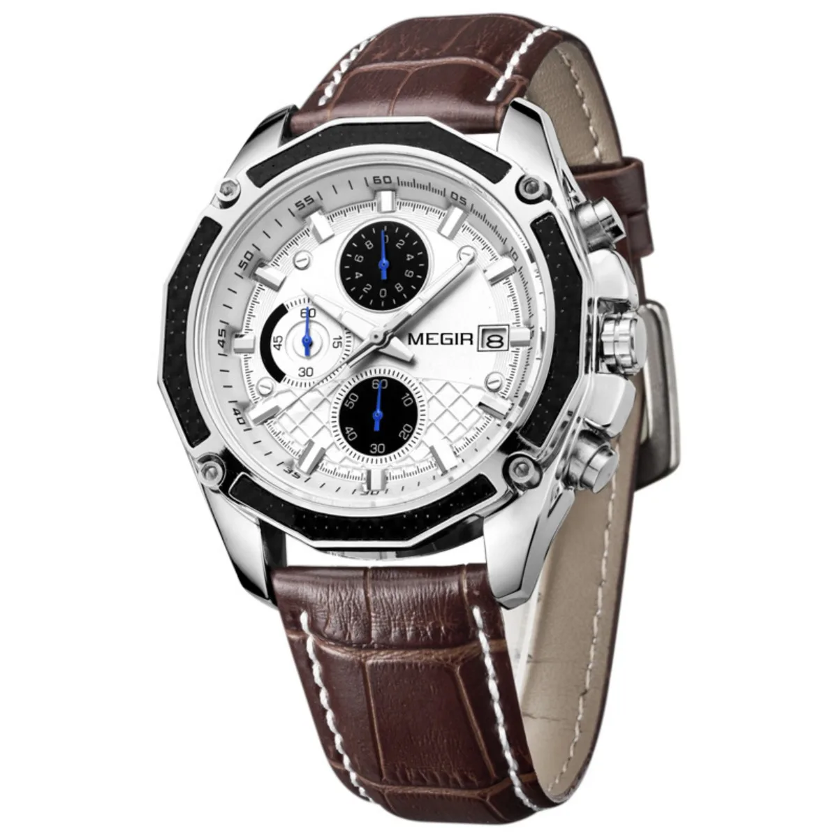 MEGIR Quartz Male Watches Genuine Leather Watches Racing Men Students Game Run Chronograph Watch Male Glow Hands for Man 2015G