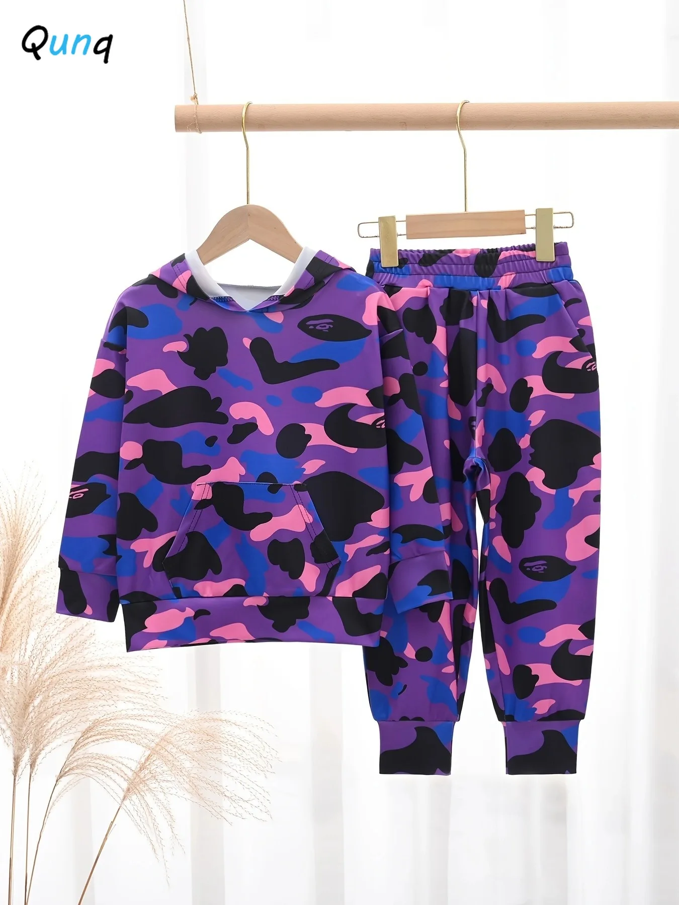 Qunq 2024 Spring New Children\'s Fashion Long sleeved Pullover Camo Hooded Sports Sweater Pants Two Piece Set kids clothes 2T-5T