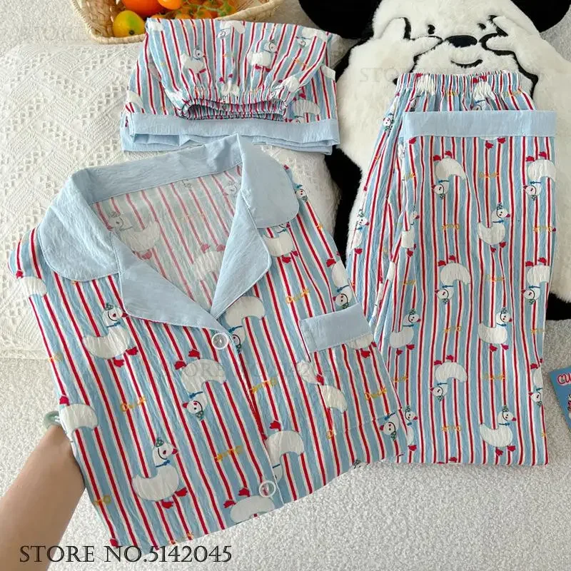 

Милый мультяшный пижамный костюм с короткими рукавами, весна-лето, новая женская домашняя одежда, пижамный комплект из 3 предметов, свободная повседневная одежда для сна, одежда для дома