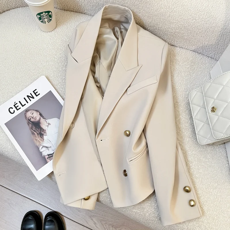 

Beige Leisure Commuter Suit Jacket Women Spring Autumn Vintage British Style High Quality Loose Basic Office Lady Suit