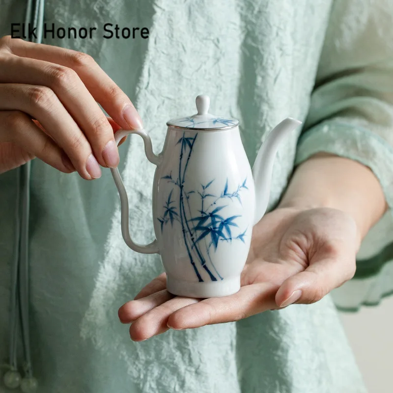 120ml Pure Hand Painted Green Bamboo Teapot Handmade Tracing Silver Pot Household Tea Making Kettle Oolong Tea Cafes Ornaments