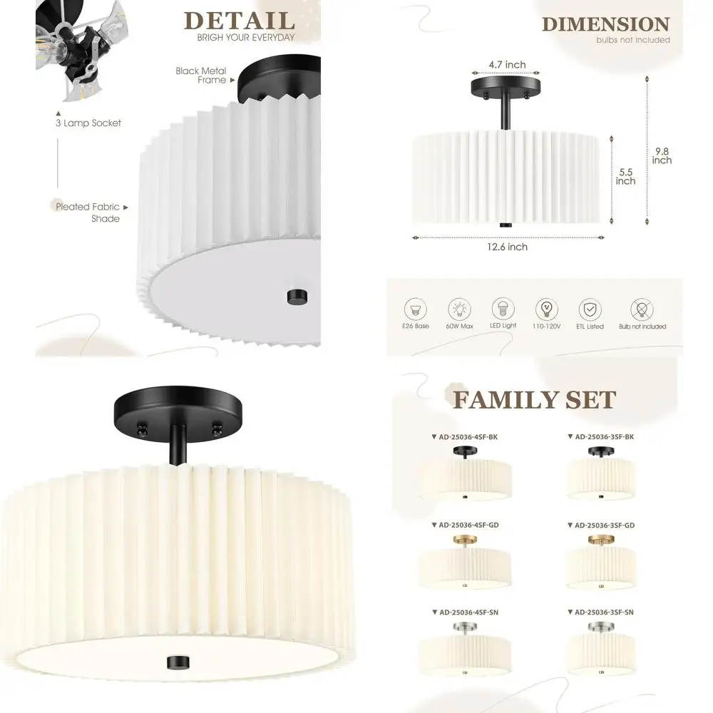 

3-Light 12.5 Semi Flush Ceiling Fixture with White Pleated Shade, Matte Black for Home Lighting